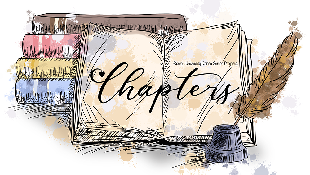 Watercolor and illustrative depiction of a stack of old hardcover books and quill and ink, with CHAPTERS written in fancy type across the center.