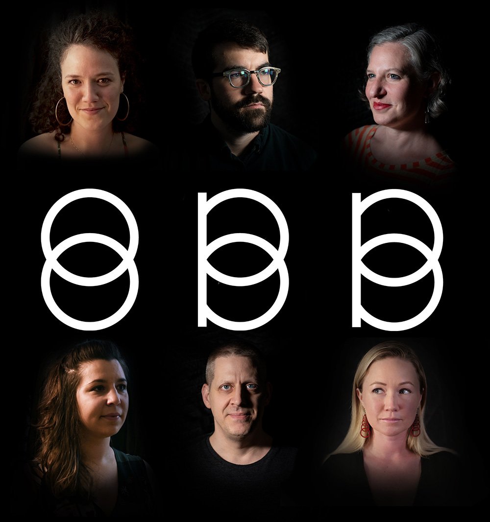 Eighth Blackbird’s logo surrounded by the faded headshots of the six members of the ensemble.