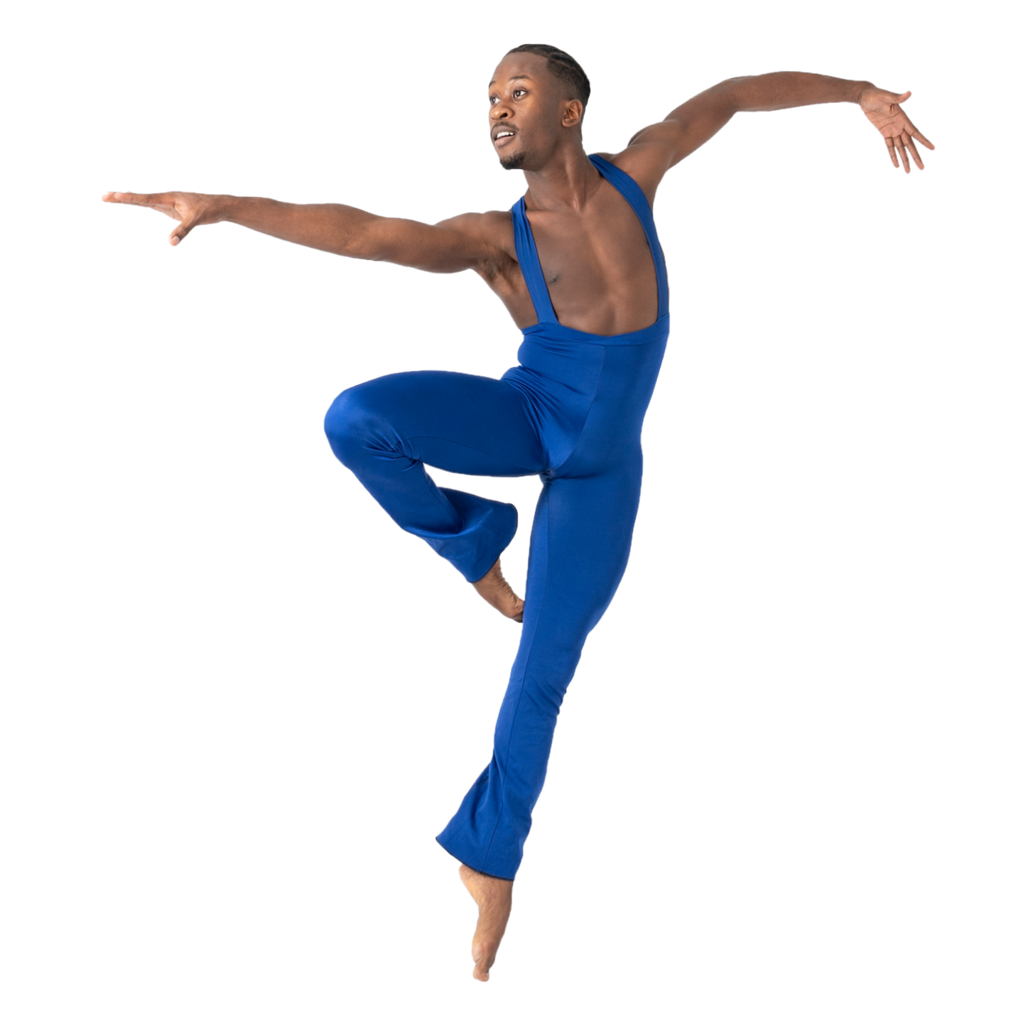 A Black Male modern dancer in a blue unitard, jumping gracefully with one arm outstretched and the other raised and rounded behind him, toes pointed, with one leg in a possé shape.