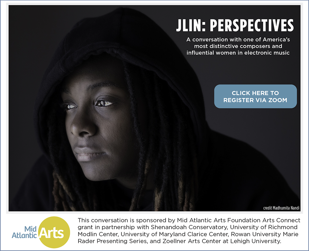 JLIN: PERSPECTIVES - A conversation with one of America's most distinctive composers and influential women in electronic music - portrait of a black woman, black hoodie on her head, eyes looking off to the side