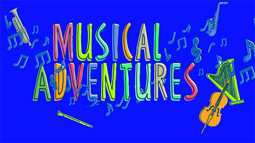 Musical Adventures graphic with title and decorative orchestral instruments