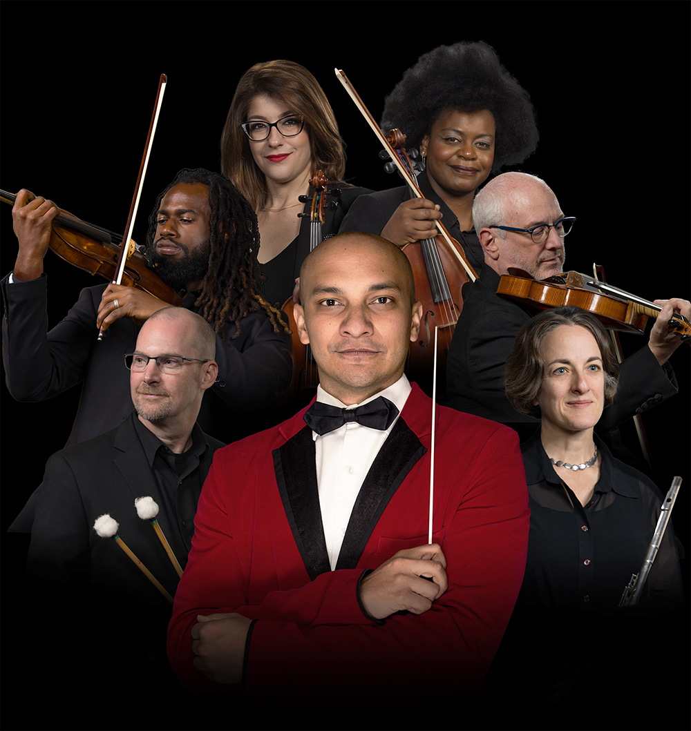 A collage of headshots, featuring most prominently Chris Dragon in a red tuxedo, arms crossed, baton in hand, as well as six other musicians, 3 strings players, one flutist, and one holding percussion mallets, in front o a black background.