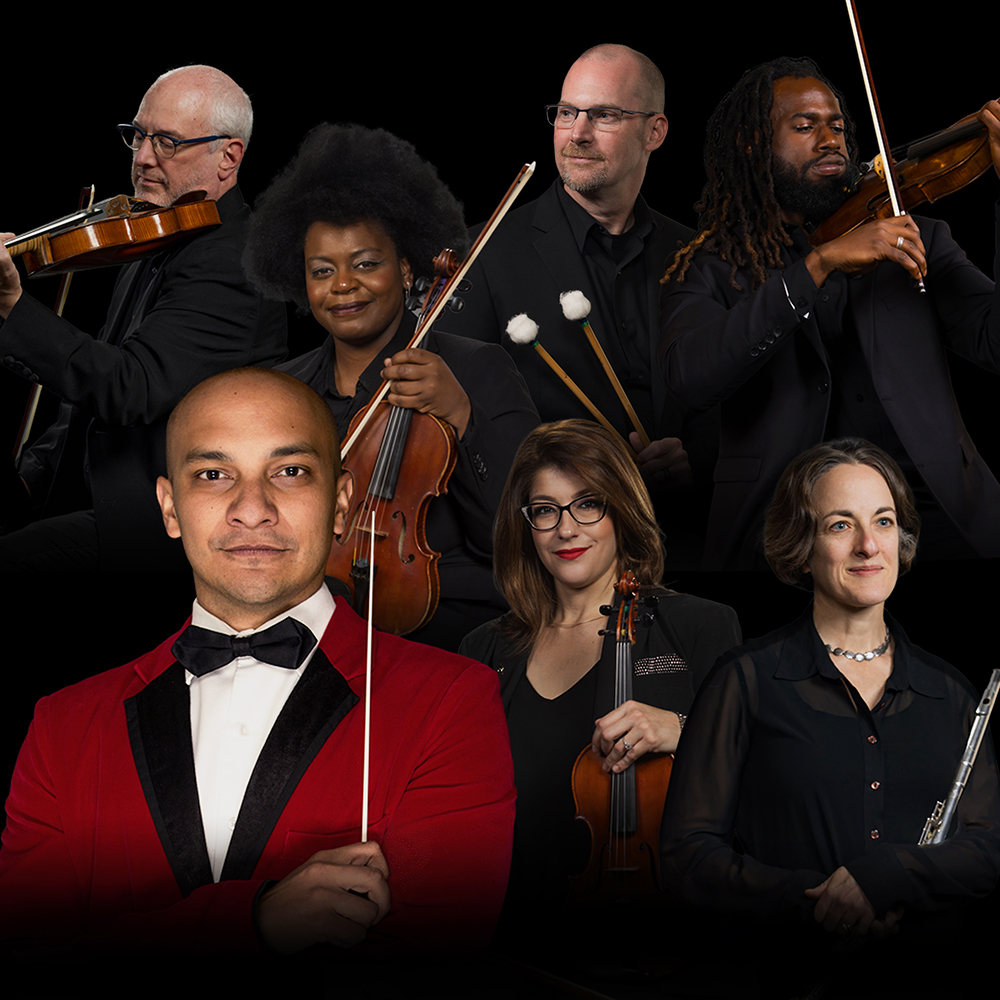 A collage of headshots, featuring most prominently Chris Dragon in a red tuxedo, arms crossed, baton in hand, as well as six other musicians, 3 strings players, one flutist, and one holding percussion mallets, in front o a black background.