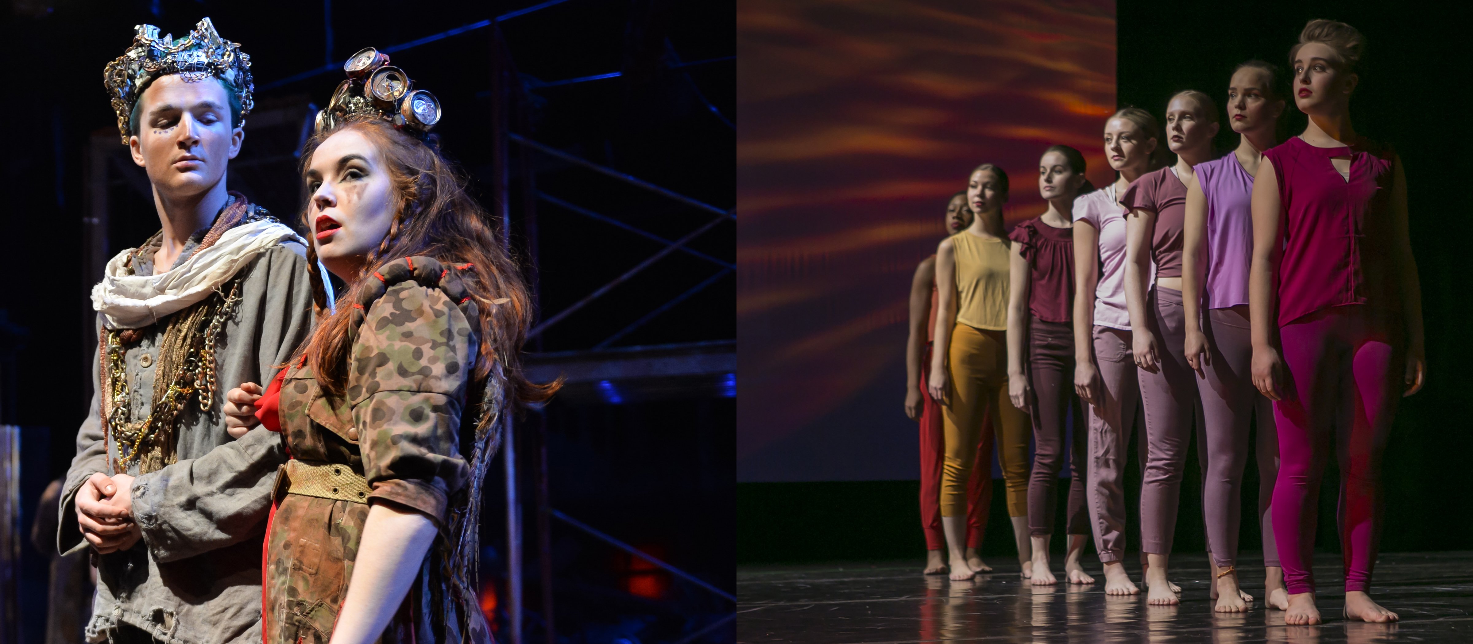  Image 1: King and Queen from Rowan’s post-apocalyptic take on William Shakespeare’s Titus Andronicus. Image 2: Seven female dancers from “Beloved Community: A dance concert” in a line gazig to the left side of the stage.